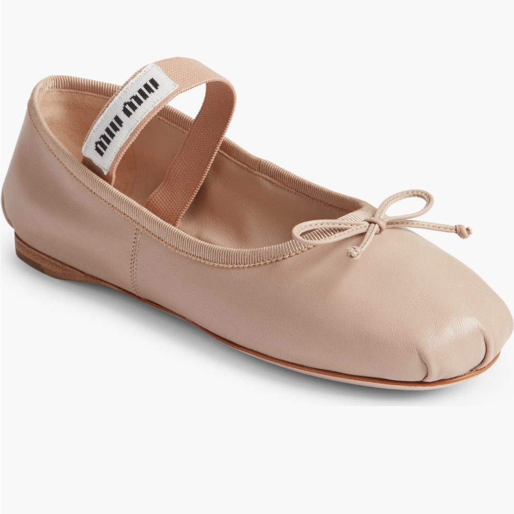Brand New Miu Miu Lea Logo Ballerina Nude Leather Flat